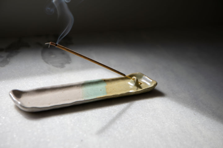 Handmade Ceramic Tray Incense Holder - Turquoise & Chartreuse