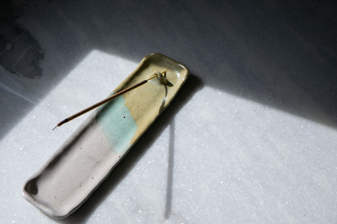 Handmade Ceramic Tray Incense Holder - Turquoise & Chartreuse