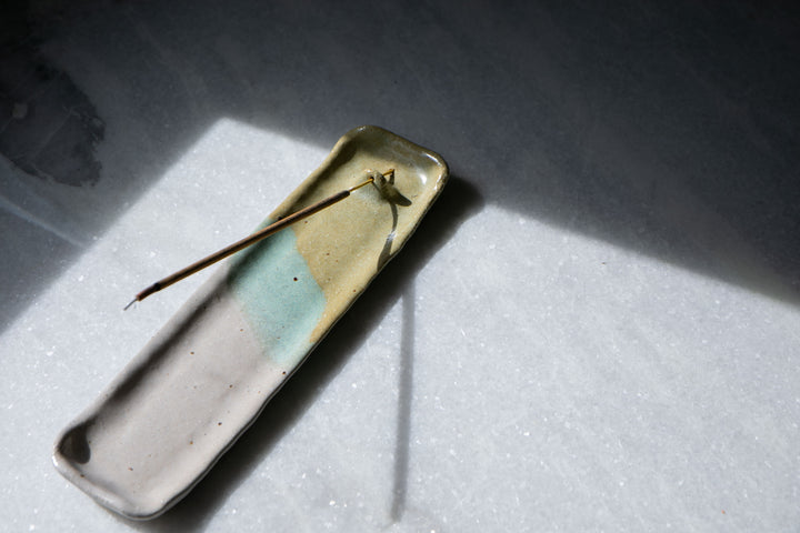 Handmade Ceramic Tray Incense Holder - Turquoise & Chartreuse