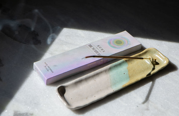 Handmade Ceramic Tray Incense Holder - Turquoise & Chartreuse