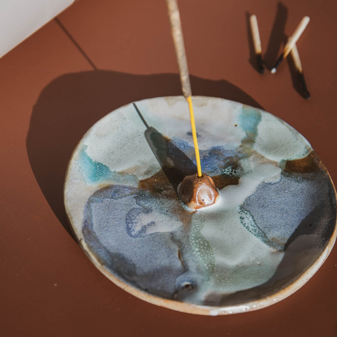 Handmade Ceramic Incense Holder - Blue  and Brown Watercolour Glaze