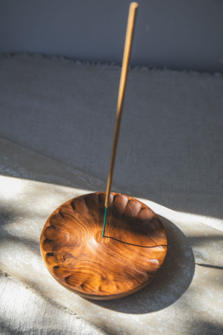 Flower Carved Teak Wood Incense Holder