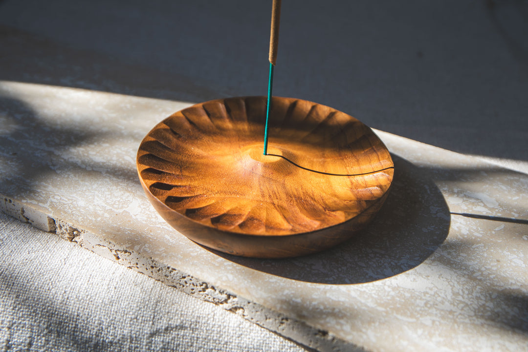 Flower Carved Teak Wood Incense Holder