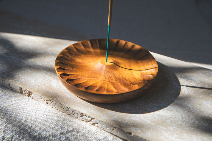 Flower Carved Teak Wood Incense Holder