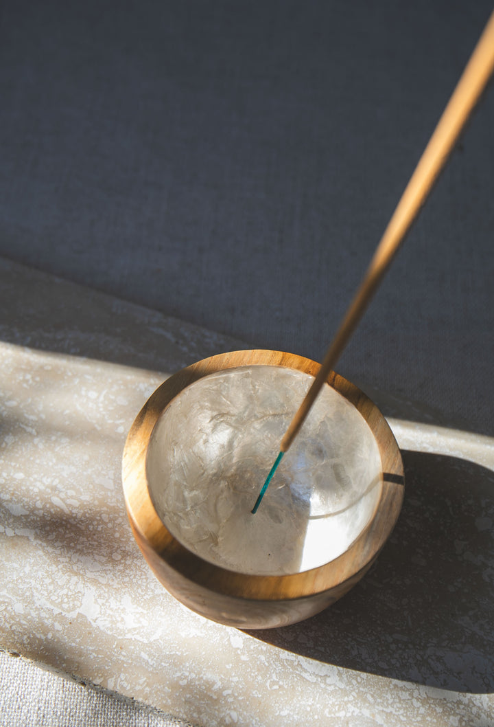 Shell Lined Cup Teak Wood Incense Holder