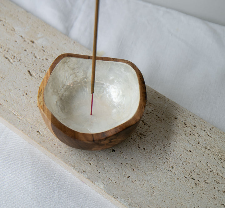 Shell Lined Organic Bowl Teak Wood Incense Holder