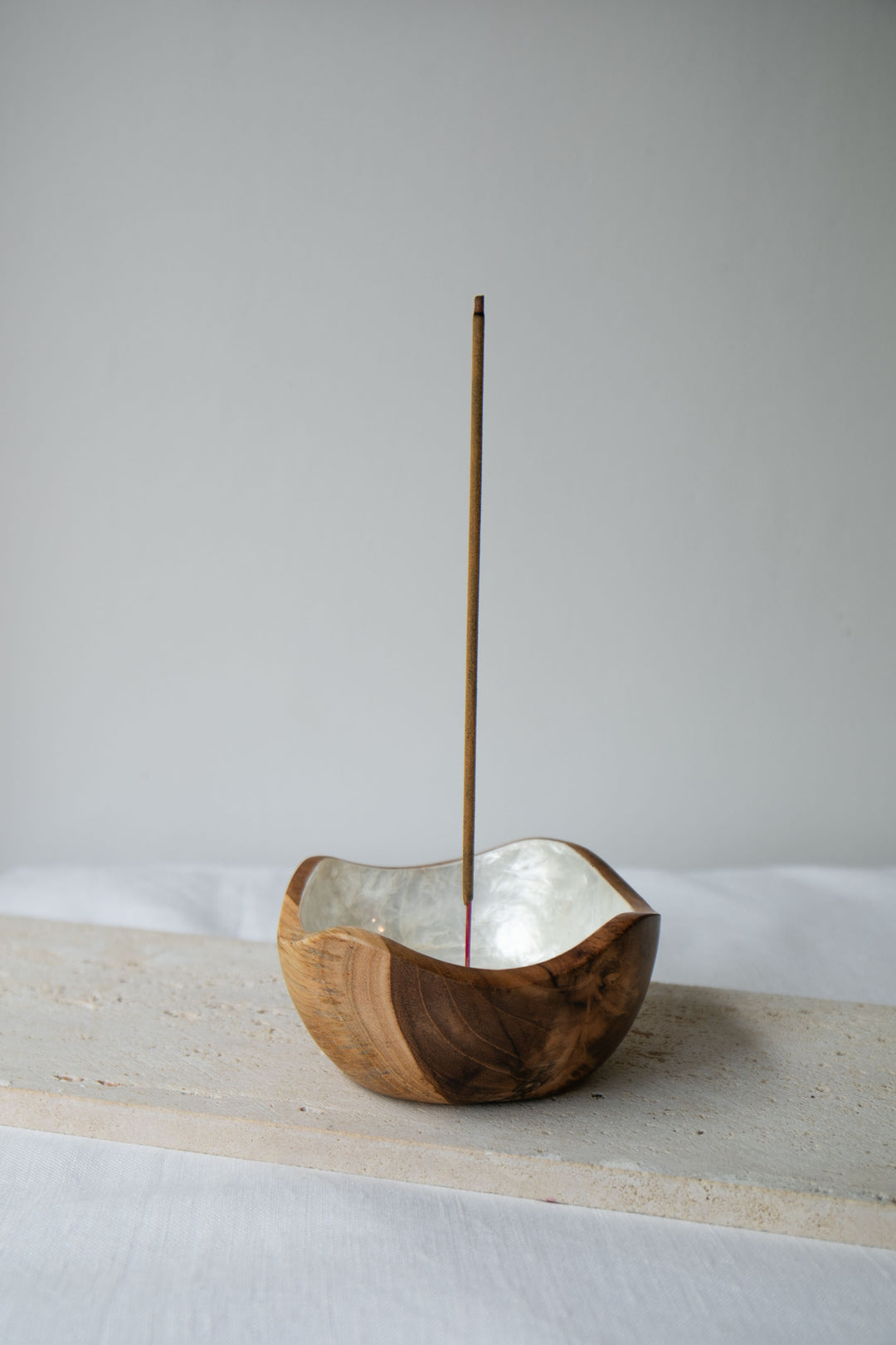 Shell Lined Organic Bowl Teak Wood Incense Holder