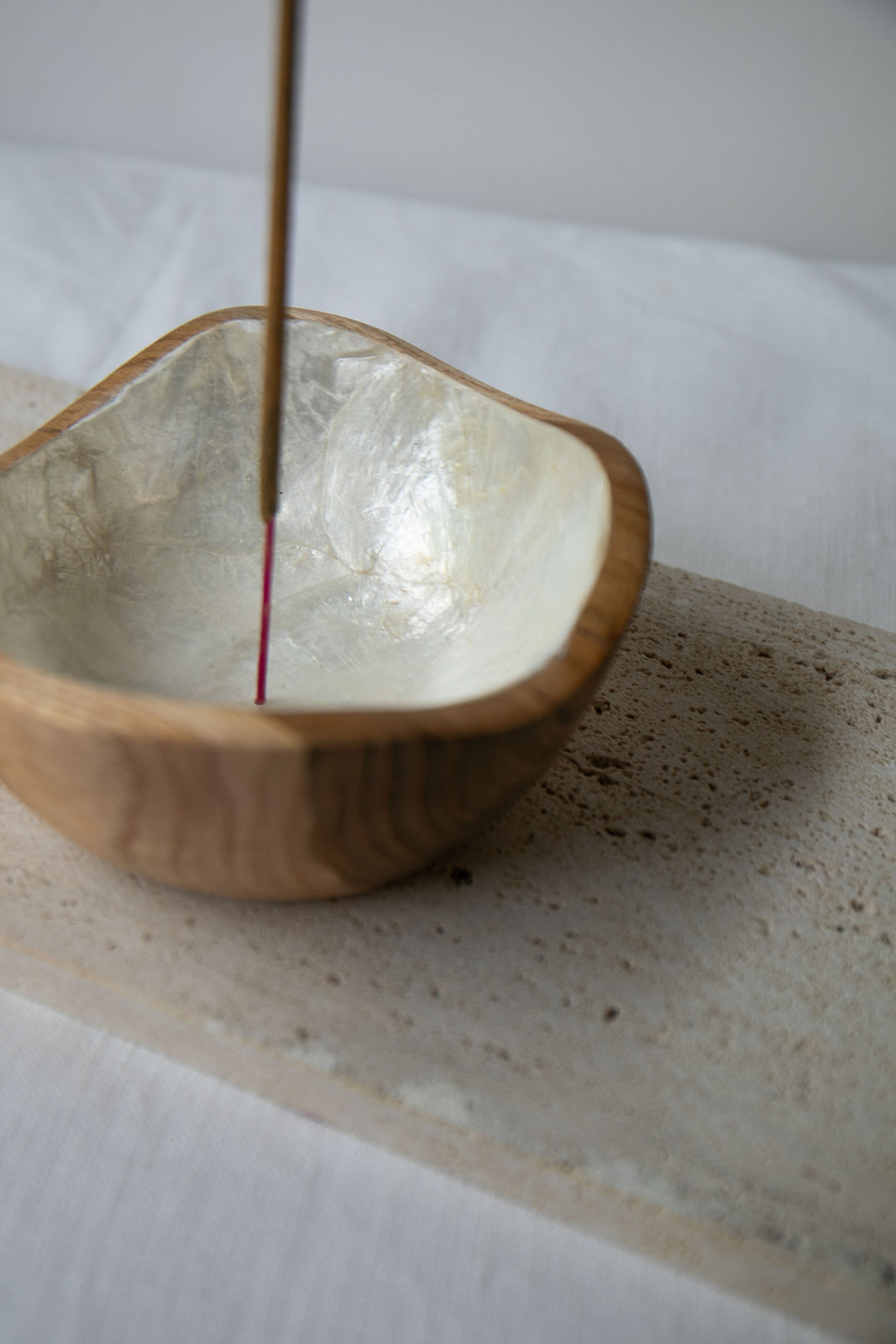 Shell Lined Organic Bowl Teak Wood Incense Holder