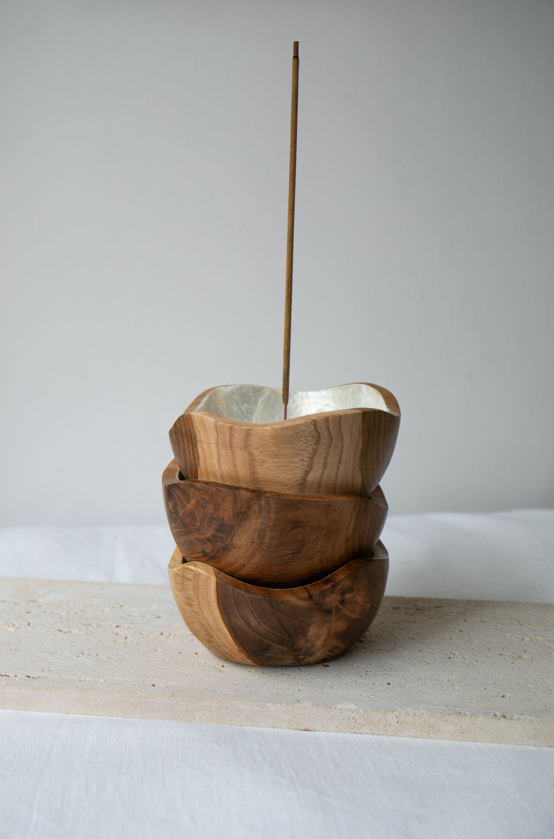 Shell Lined Organic Bowl Teak Wood Incense Holder