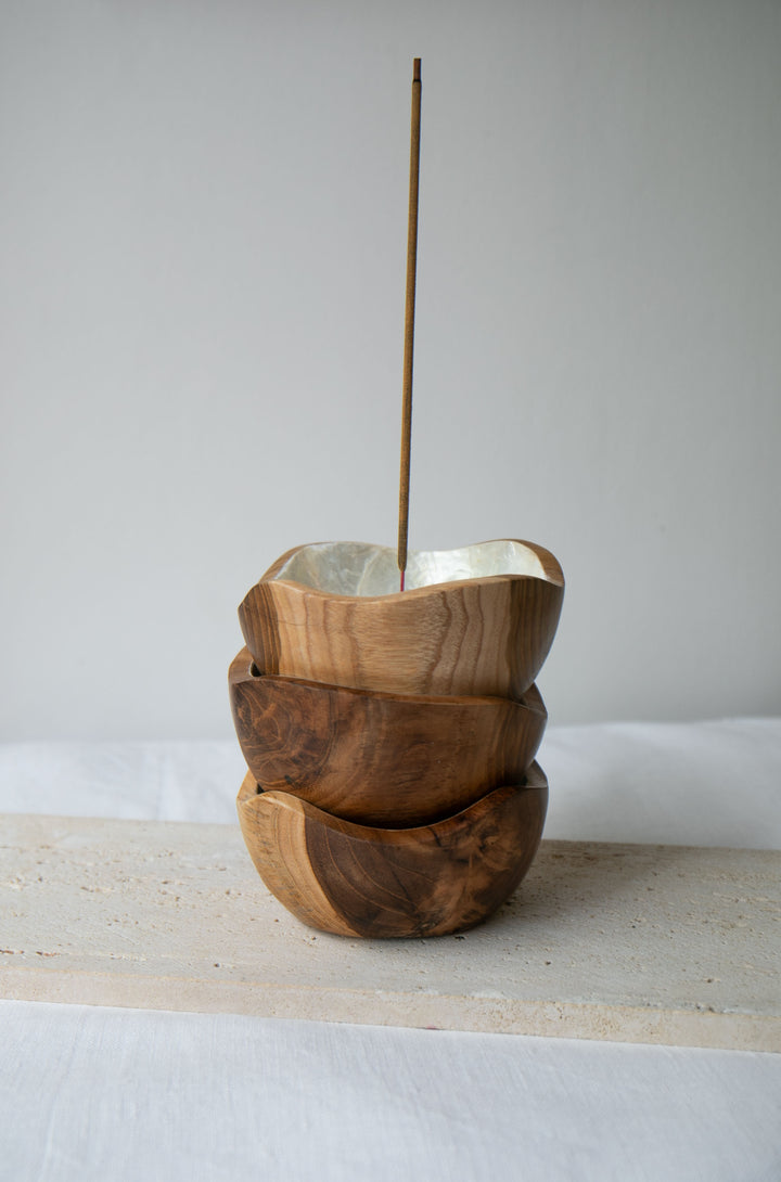 Shell Lined Organic Bowl Teak Wood Incense Holder
