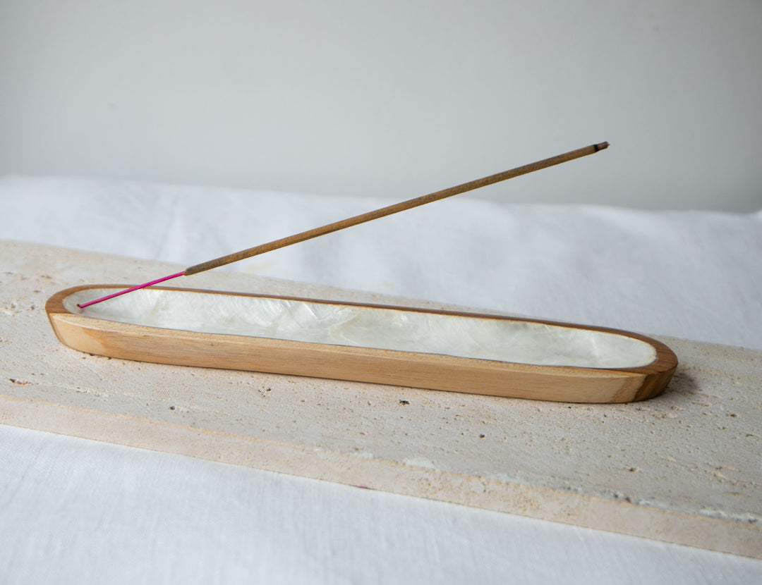 Shell Lined Simple Boat Teak Wood Incense Holder