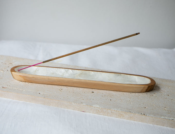 Shell Lined Simple Boat Teak Wood Incense Holder