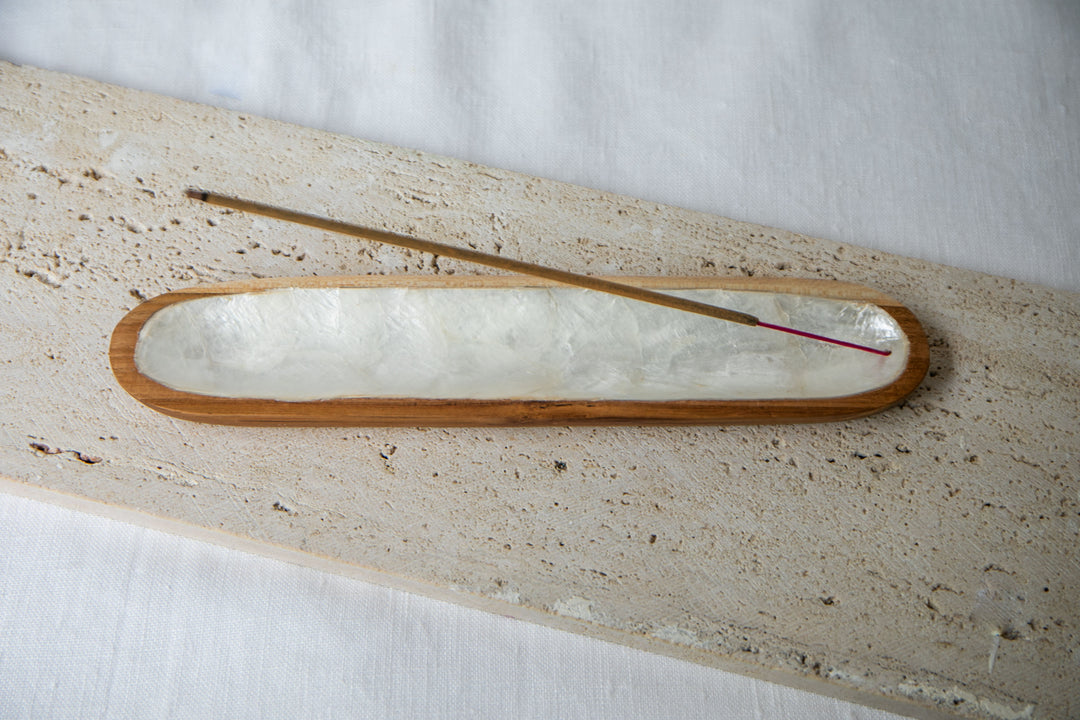 Shell Lined Simple Boat Teak Wood Incense Holder