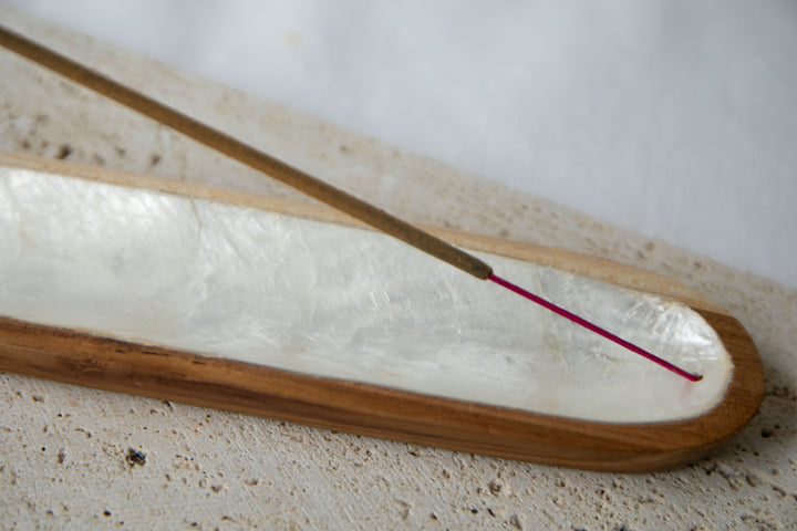 Shell Lined Simple Boat Teak Wood Incense Holder