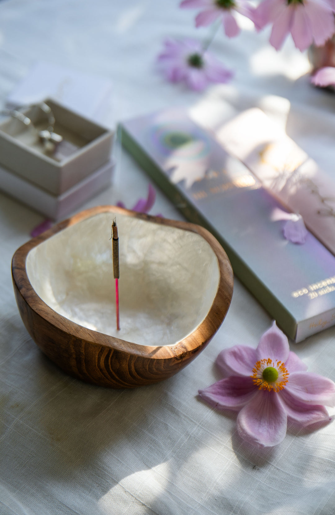 Shell Lined Organic Bowl Teak Wood Incense Holder