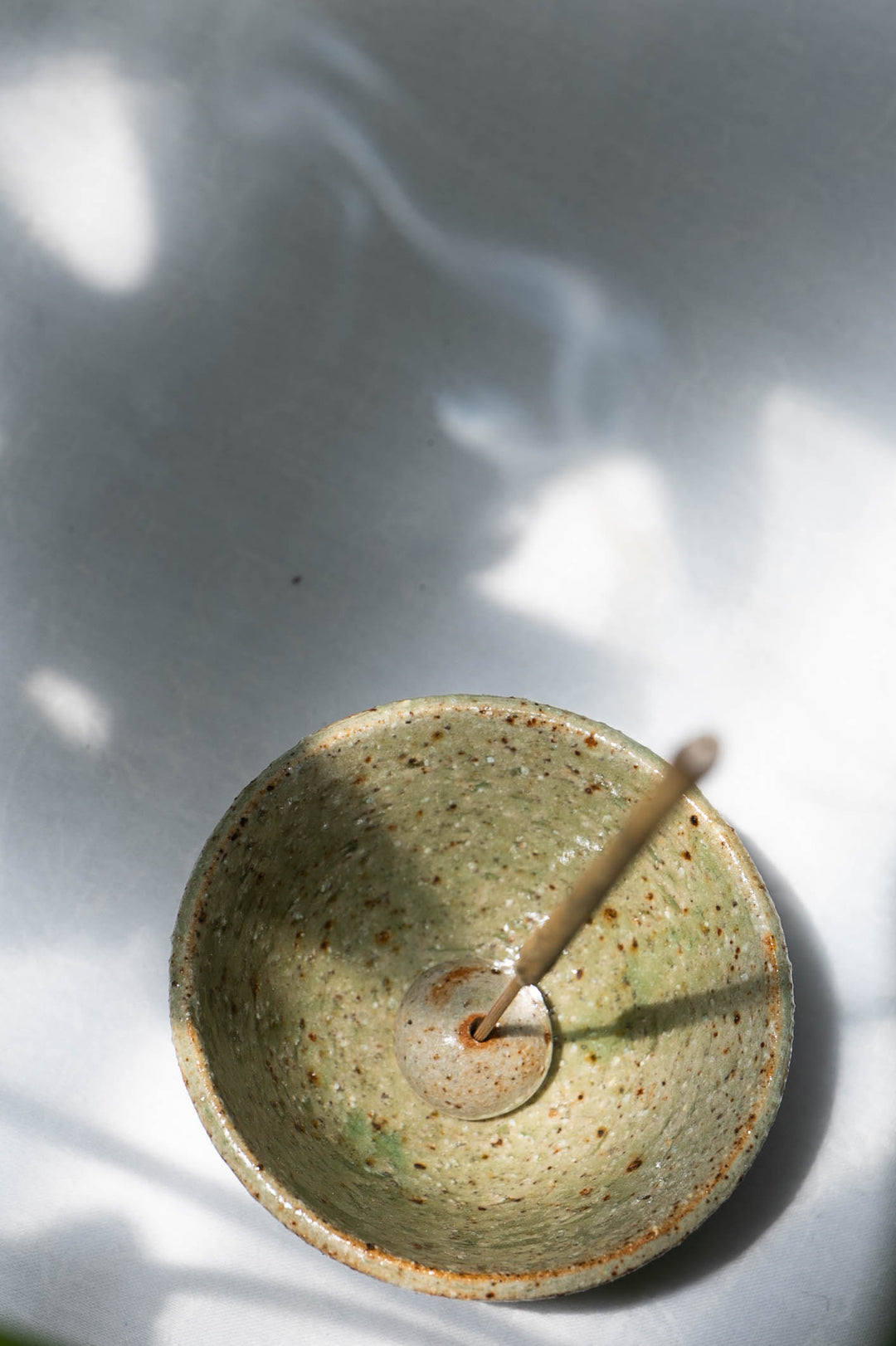 Handmade Green Ceramic Bowl Incense Holder with Pebble