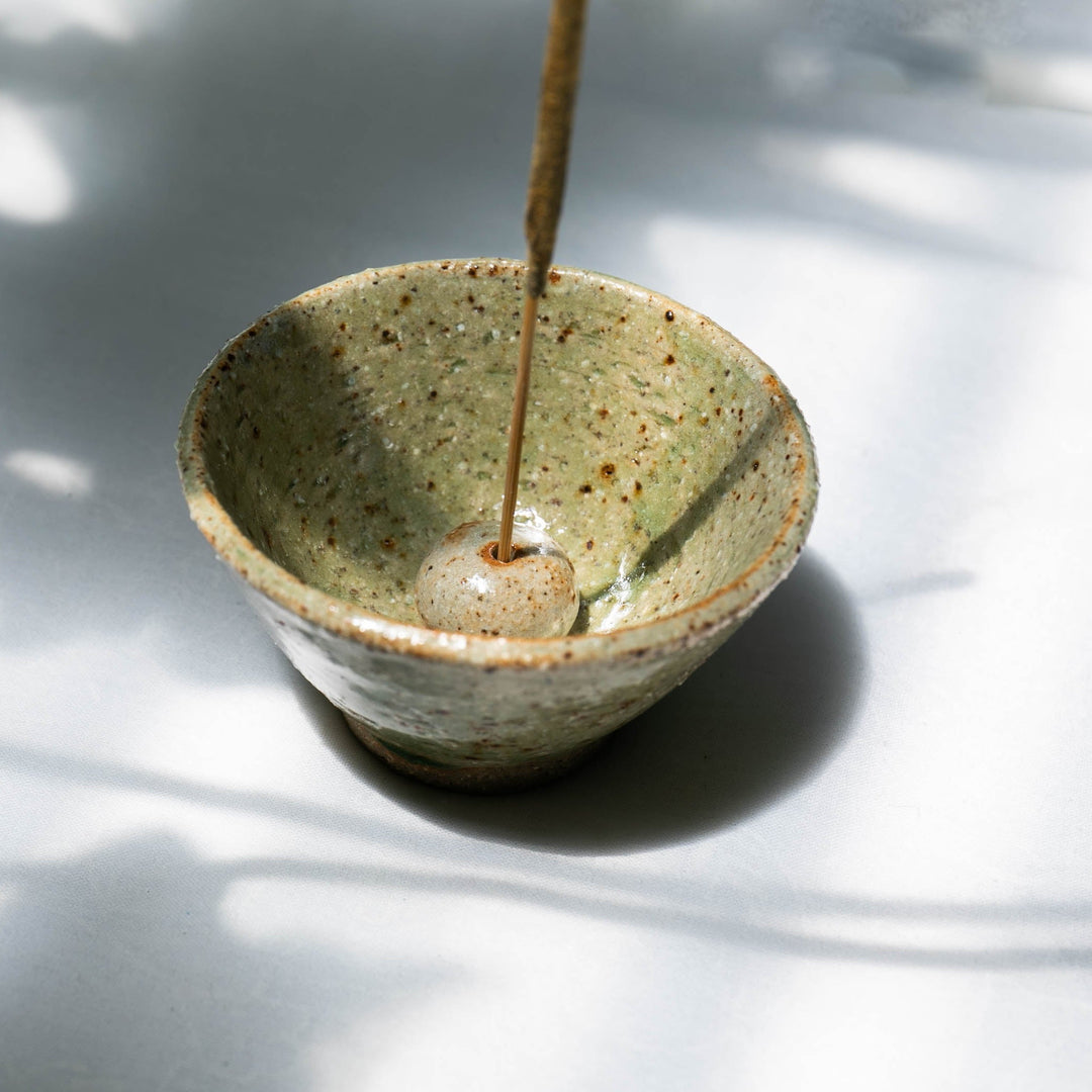 Handmade Green Ceramic Bowl Incense Holder with Pebble