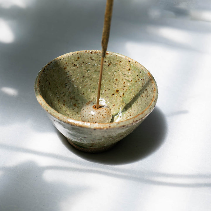 Handmade Green Ceramic Bowl Incense Holder with Pebble