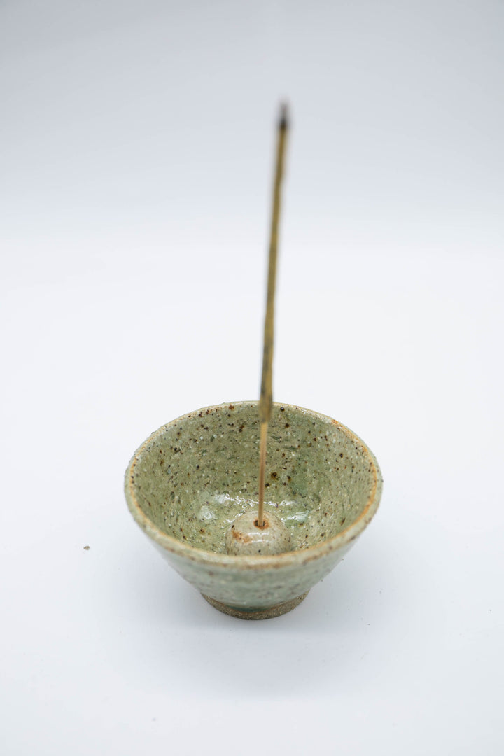 Handmade Green Ceramic Bowl Incense Holder with Pebble