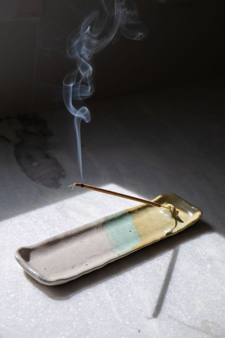 Handmade Ceramic Tray Incense Holder - Turquoise & Chartreuse
