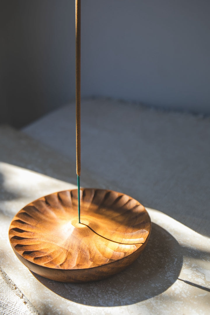 Flower Carved Teak Wood Incense Holder