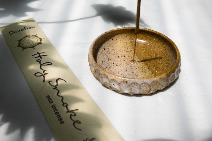 Handmade Ceramic Retro Inspired Dish Incense Holder - Brown & Yellow