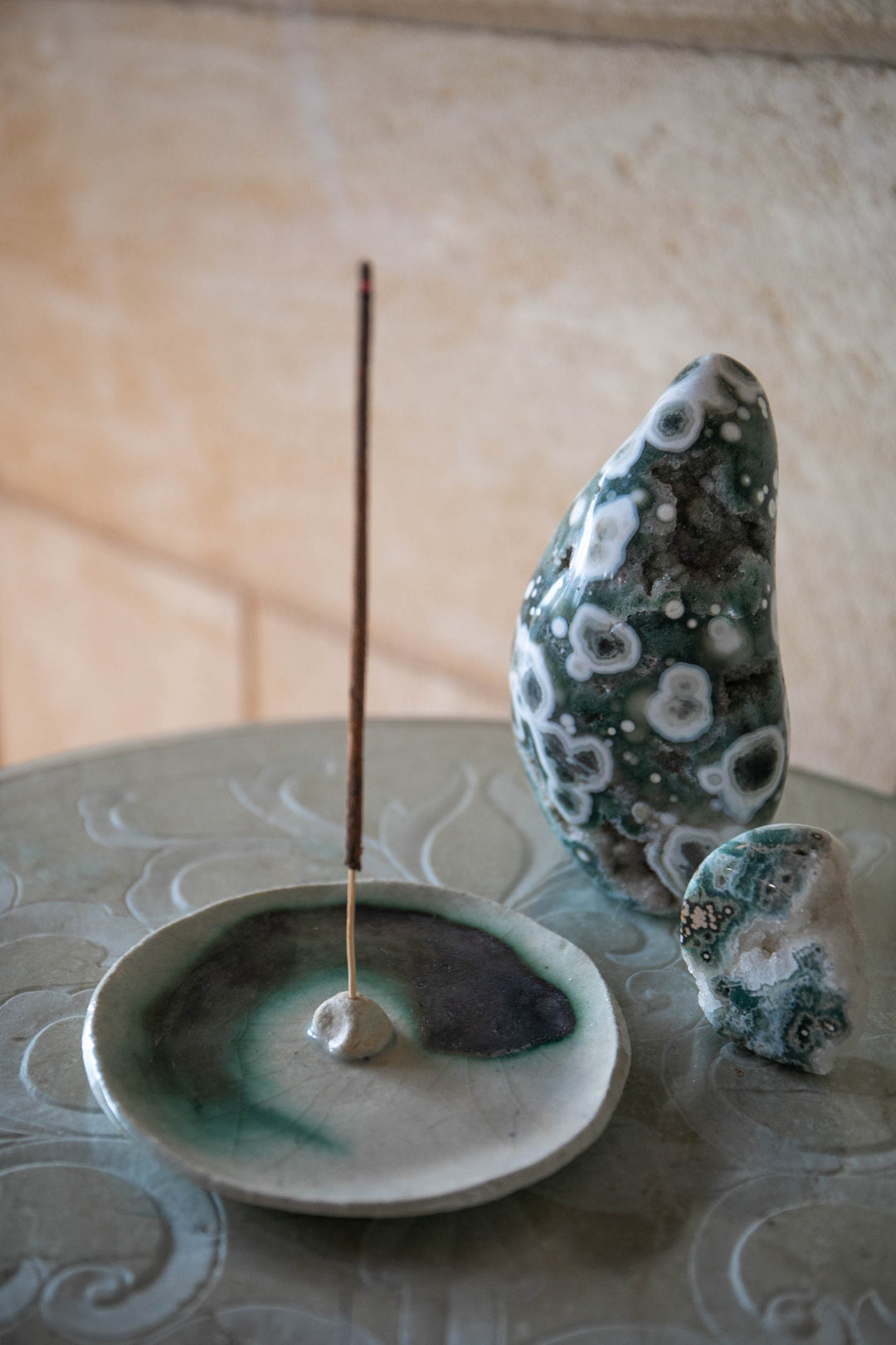 Handmade Ceramic Incense Holder - Green Swirl